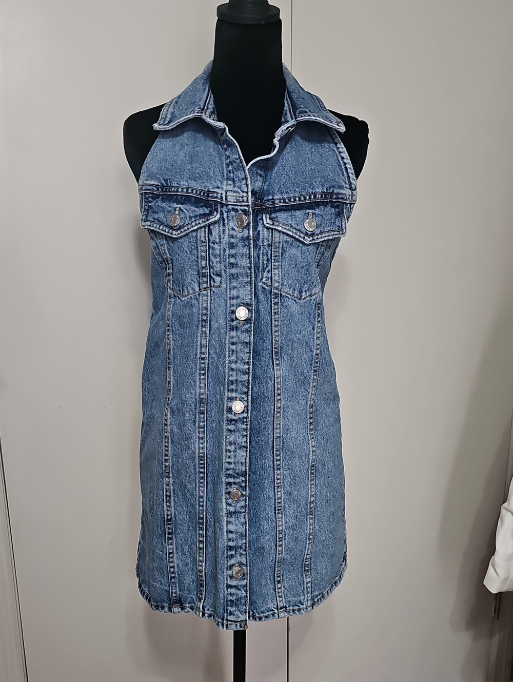 Zara Blue Button-Front Halter Denim A-Line Mini Dress Sz S/Xs/0